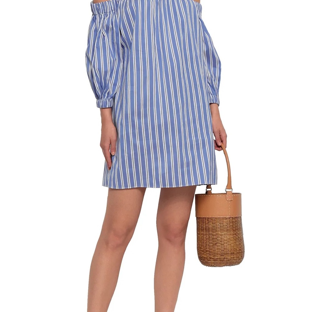 Milly Off-the-shoulder striped cotton and silk-blend poplin mini dress